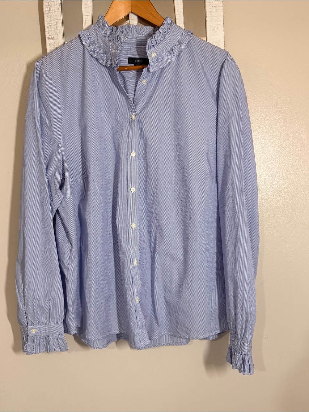 J.Crew Blue Stripe Ruffle Collar Long Sleeve Button Up Shirt Top Size 2X